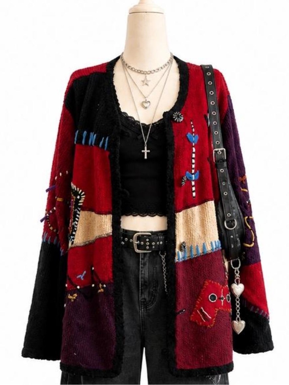 Boho Patchwork Open-Front Cardigan Sweater - Red Multi